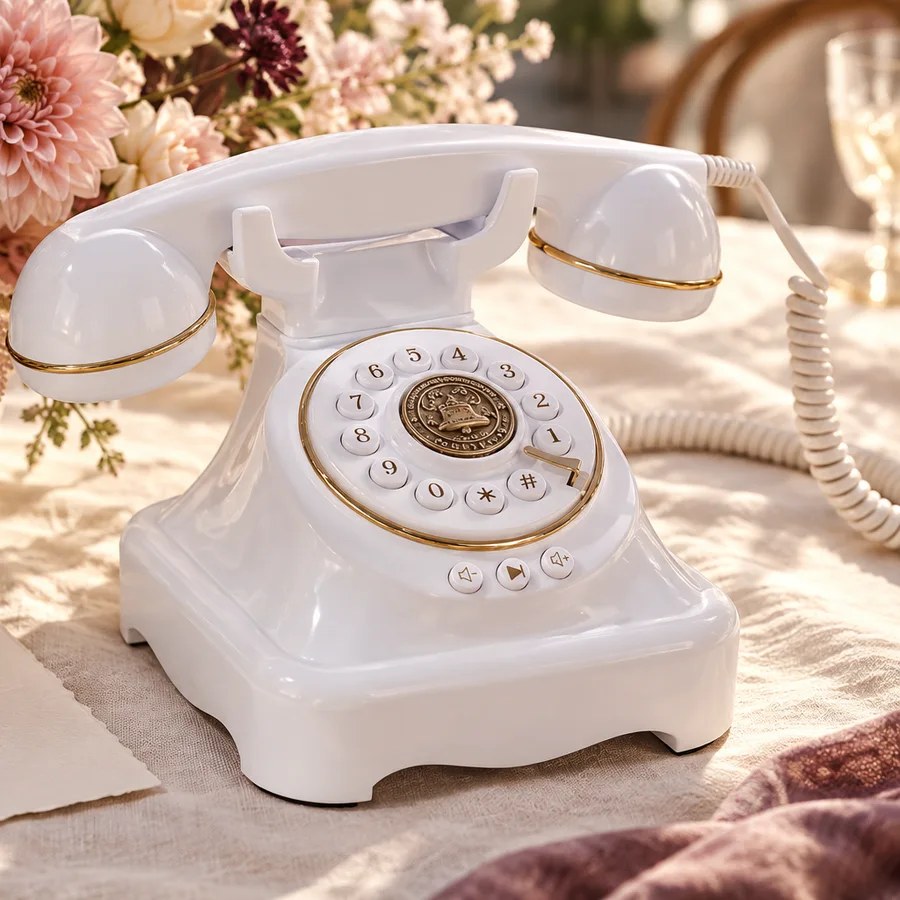Gros plan sur le cadran et le combiné d’un téléphone livre d’or audio blanc